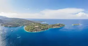 Helipad Prints: Aerial drone high angle shot of peninsula of Vis Island coastline in Adriatic sea in Croatia summer