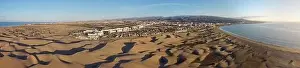 Mounts Prints: Aerial drone landscape of Maspalomas golden sand dunes at sunrise