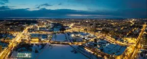 Organisation Prints: Aerial drone panorama; beautiful view Chelyabinsk city with illuminated streets