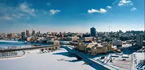 Organisation Prints: Aerial drone panorama; beautiful view Chelyabinsk city with white snowy streets