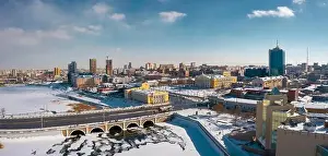 Organisation Prints: Aerial drone panorama; beautiful view Chelyabinsk city with white snowy streets