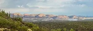 Desert Panorama Prints: Aerial drone panorama image of a monsoon over the Sonoran Desert of Arizona with dramatic lighting and rugged terrain