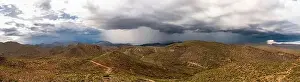Monsoon Prints: Aerial drone panorama image of a monsoon over the Sonoran Desert of Arizona with rugged terrain