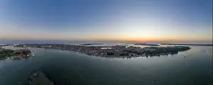 Marco Prints: Aerial drone panorama of the lagoon of Venice and Lido island during sunrise in summer