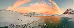 Lofoten Islands Prints: Aerial drone panorama photo. Beautiful sunset over the mountains and sea of the Lofoten Islands