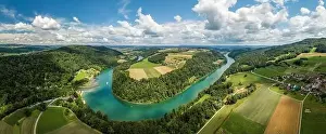 Rhein Prints: Aerial drone panorama of Rhine loop and sinuosity at Toesegg in Canton Zurich
