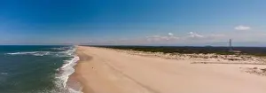 Aerial Drone Panorama View - Waves on a Beach with Golden Sand - Summer Holidays - Aveiro, Portugal