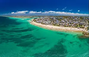 Bribie Prints: Aerial drone panoramic image of ocean waves on a busy Kings beach