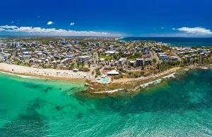 Bribie Prints: Aerial drone panoramic image of ocean waves on a busy Kings beach