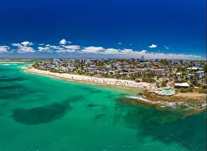 Bribie Prints: Aerial drone panoramic image of ocean waves on a busy Kings beach