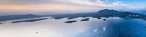 Urban Skyline Prints: Aerial drone panoramic shot showing sunrise dawn dusk over aravalli hills lake pichola fateh sagar