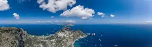 Gods View Prints: Aerial drone panoramic view of Anacapri and south Capri Island with faraglioni in Tyrrhenian sea