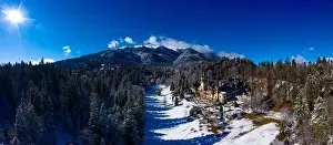 Dracula Prints: Aerial drone panoramic view of a beautiful Peles castle in Sinaia in the winter season