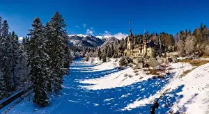 Dracula Prints: Aerial drone panoramic view of a beautiful Peles castle in Sinaia in the winter season