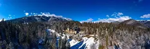 Dracula Prints: Aerial drone panoramic view of a beautiful Peles castle in Sinaia in the winter season