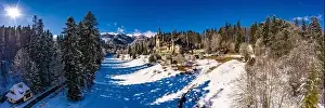 Dracula Prints: Aerial drone panoramic view of a beautiful Peles castle in Sinaia in the winter season