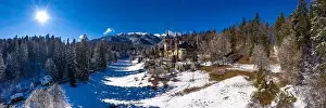 Dracula Prints: Aerial drone panoramic view of a beautiful Peles castle in Sinaia in the winter season