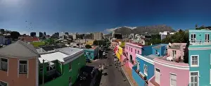 Aerial drone panoramic view of Bo-Kaap (Malay Quarter) on the slopes of Signal Hill above the city centre, Cape Town