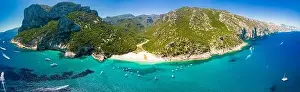 Cala Sisine Prints: Aerial drone panoramic view of Cala Sisine beach in the Golf of Orosei, Sardinia, Italy
