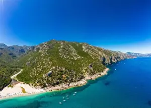 Cala Sisine Prints: Aerial drone panoramic view of Cala Sisine beach in the Golf of Orosei, Sardinia, Italy