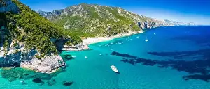 Cala Sisine Prints: Aerial drone panoramic view of Cala Sisine beach in the Golf of Orosei, Sardinia, Italy