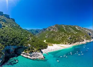 Cala Sisine Prints: Aerial drone panoramic view of Cala Sisine beach in the Golf of Orosei, Sardinia, Italy