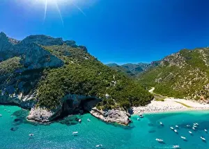 Cala Sisine Prints: Aerial drone panoramic view of Cala Sisine beach in the Golf of Orosei, Sardinia, Italy