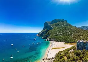Aerial drone panoramic view of Cala Sisine beach in the Golf of Orosei, Sardinia, Italy