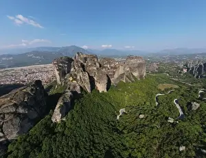 Nature Background Prints: Aerial drone panoramic view of deep gorge and rocky ridge leading to legendary Mountain Olympus
