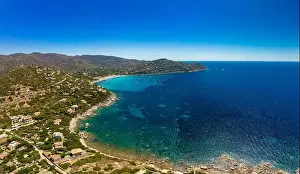 Aerial drone panoramic view of Kal'e Moru beach in Geremeas, Sardinia