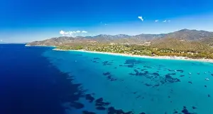 Aerial drone panoramic view of Kal'e Moru beach in Geremeas, Sardinia