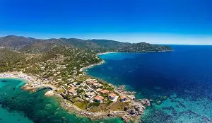 Aerial drone panoramic view of Kal'e Moru beach in Geremeas, Sardinia