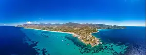 Cagliari Prints: Aerial drone panoramic view of Kal'e Moru beach in Geremeas, Sardinia