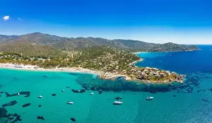 Aerial drone panoramic view of Kal'e Moru beach in Geremeas, Sardinia
