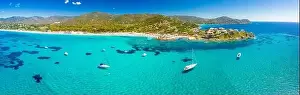 Cagliari Prints: Aerial drone panoramic view of Kal'e Moru beach in Geremeas, Sardinia
