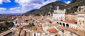Amphitheater Prints: Aerial drone panoramic view of medieval town Gubbio in Umbria