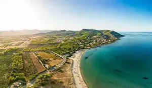 Aerial drone panoramic view of Porto Tramatzu beach and the town, Sardinia, Italy
