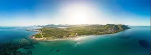 Porto Corallo Prints: Aerial drone panoramic view of Porto Tramatzu beach and the town, Sardinia, Italy