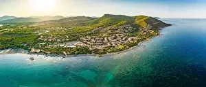 Porto Corallo Prints: Aerial drone panoramic view of Porto Tramatzu beach and the town, Sardinia, Italy