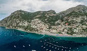 Amalfi Prints: Aerial drone panoramic view of Positano village beach in Amalfi coast