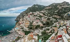 Amalfi Prints: Aerial drone panoramic view of Positano village beach in Amalfi coast