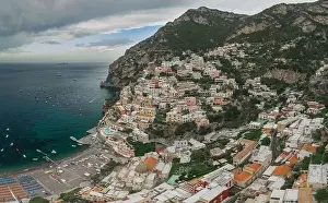 Gods View Prints: Aerial drone panoramic view of Positano village beach in Amalfi coast