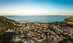 Santa Maria Navarrese Prints: Aerial drone panoramic view of the Santa Maria Navarrese beach. Sardinia, Italy