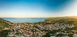 Santa Maria Navarrese Prints: Aerial drone panoramic view of the Santa Maria Navarrese beach. Sardinia, Italy