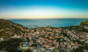 Santa Maria Navarrese Prints: Aerial drone panoramic view of the Santa Maria Navarrese beach. Sardinia, Italy