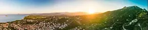Aerial drone panoramic view of the Santa Maria Navarrese beach. Sardinia, Italy