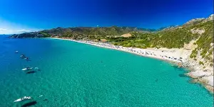Cagliari Prints: Aerial drone panoramic view of the Solanas beach in the province Sinnai in Sardinia, Italy