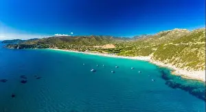 Cagliari Prints: Aerial drone panoramic view of the Solanas beach in the province Sinnai in Sardinia, Italy