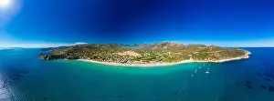 Aerial drone panoramic view of the Solanas beach in the province Sinnai in Sardinia, Italy