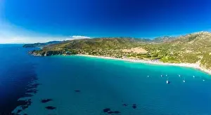Cagliari Prints: Aerial drone panoramic view of the Solanas beach in the province Sinnai in Sardinia, Italy